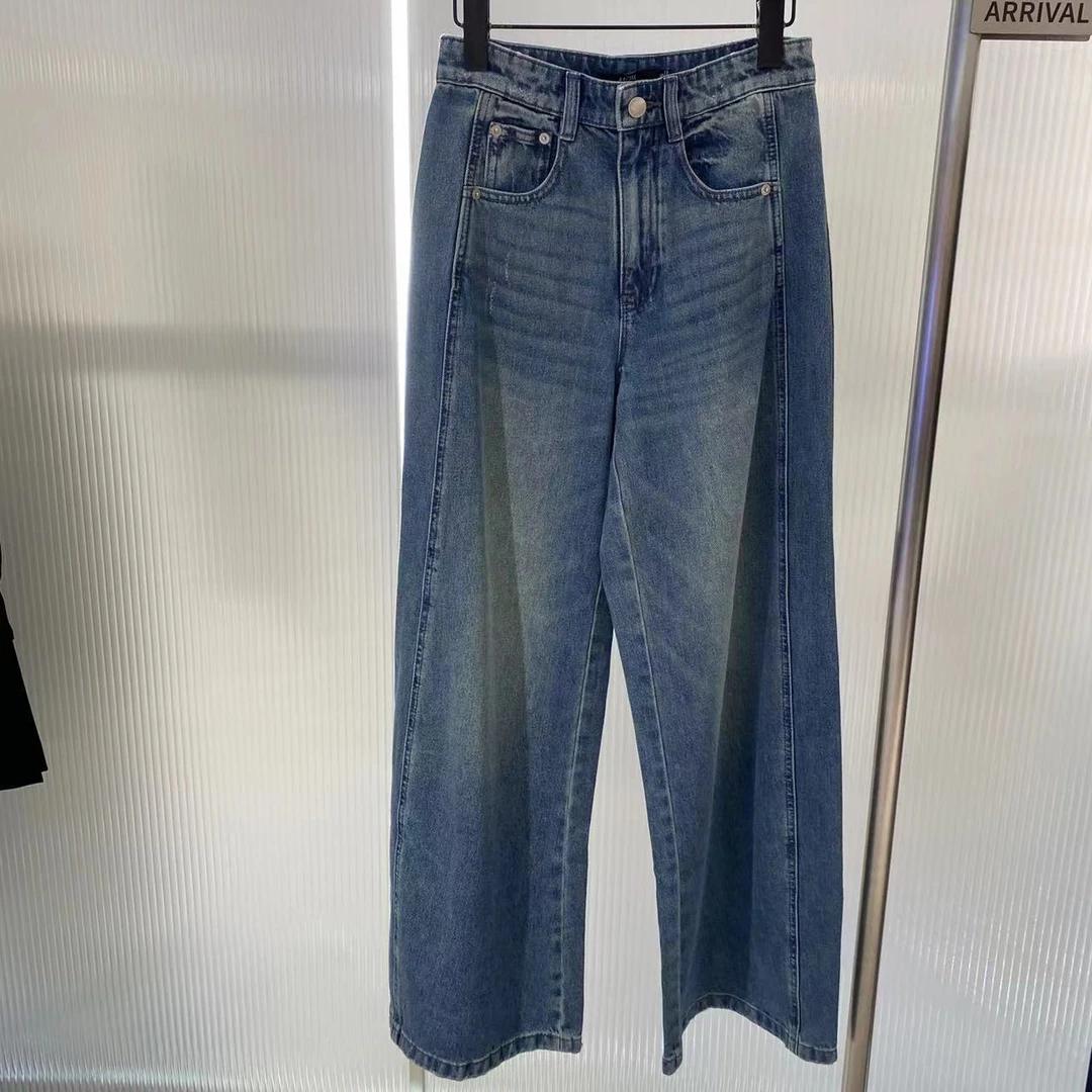 高腰阔腿裤直筒裤长裤常规牛仔裤休闲百搭水洗轻熟风R3027