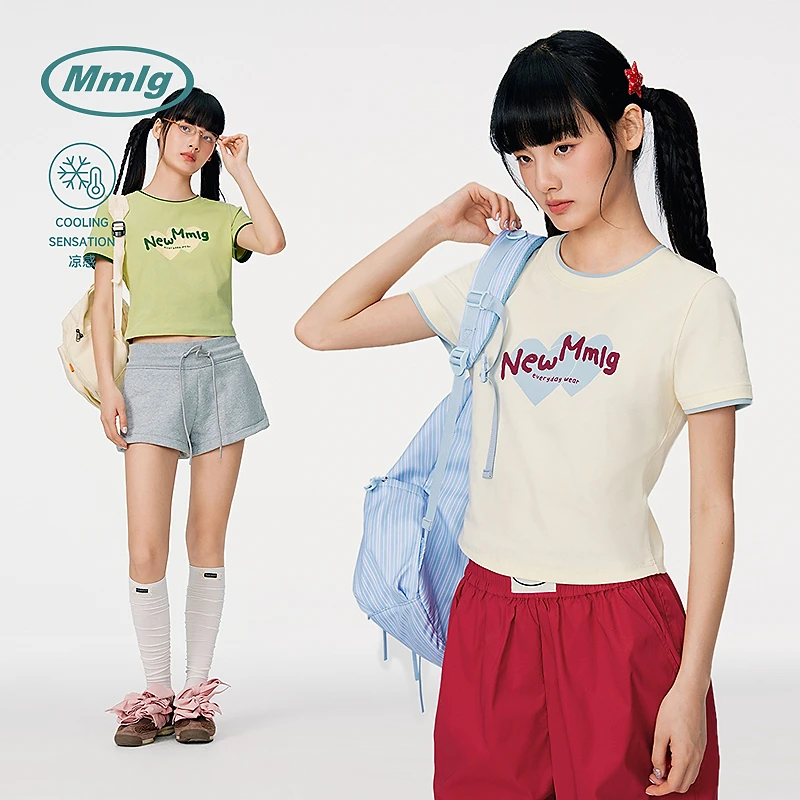 Mmlg2025夏新款甜美爱心印花短袖t恤韩系学院风正肩上衣女FQT135