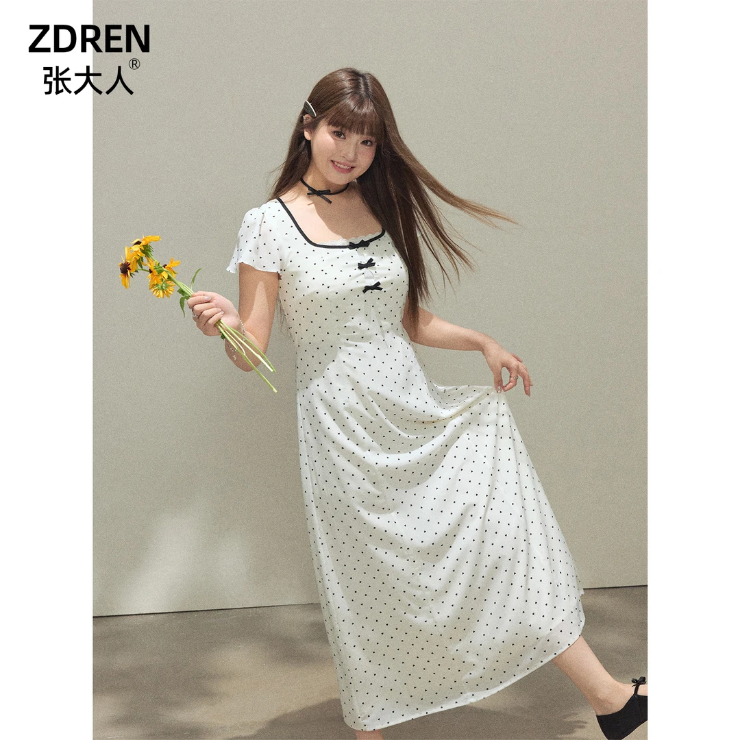 张大人【清冷氛围】大码女装胖妹妹法式甜美波点蕾丝拼接收腰连衣裙