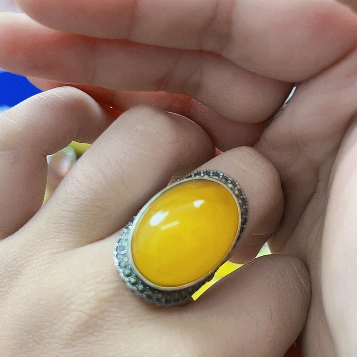 蜜蜡银S925镶嵌裸石戒指