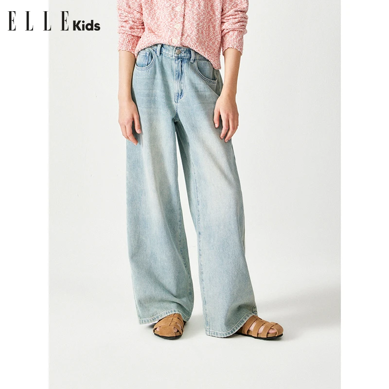 ELLEkids童装浅色基础百搭直筒长裤女童春季复古做旧水洗牛仔裤S1