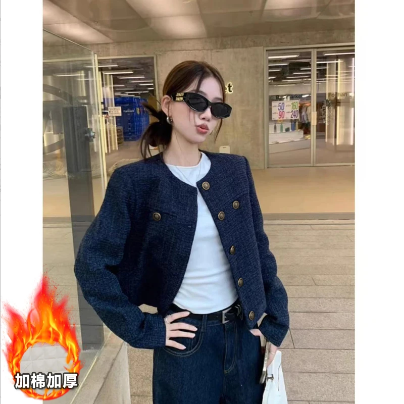 加棉秋冬蓝色新款休闲短款外套长袖上衣气质粗花呢小香风外套精品