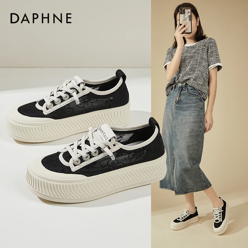 Daphne/达芙妮蕾丝厚底板鞋女夏透气小白鞋时尚系带休闲运动鞋