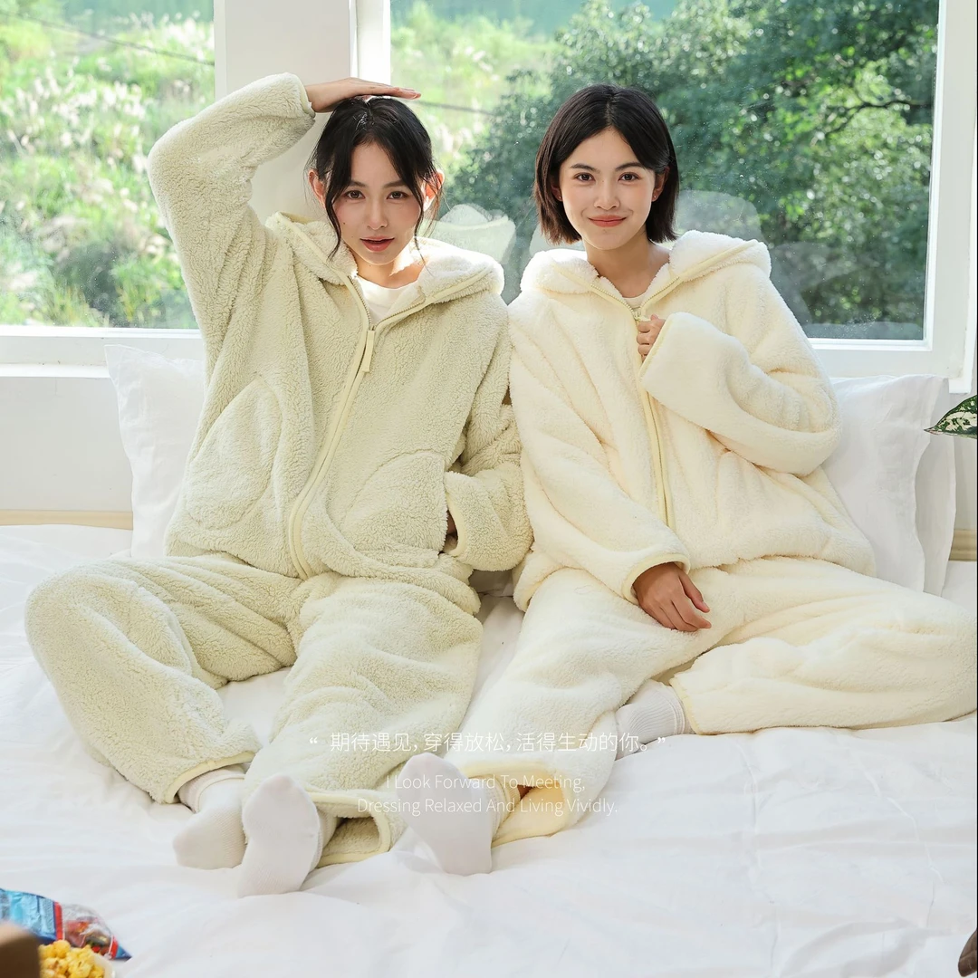 珂希卡加厚暖暖套装冬季保暖加大睡衣家居服女冬加厚加绒外出可穿