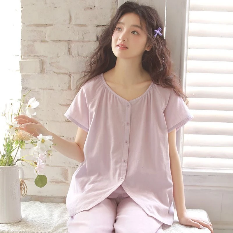 休闲慵懒风夏季新款日系可爱纯棉纱短袖七分裤睡衣薄款可外穿套装