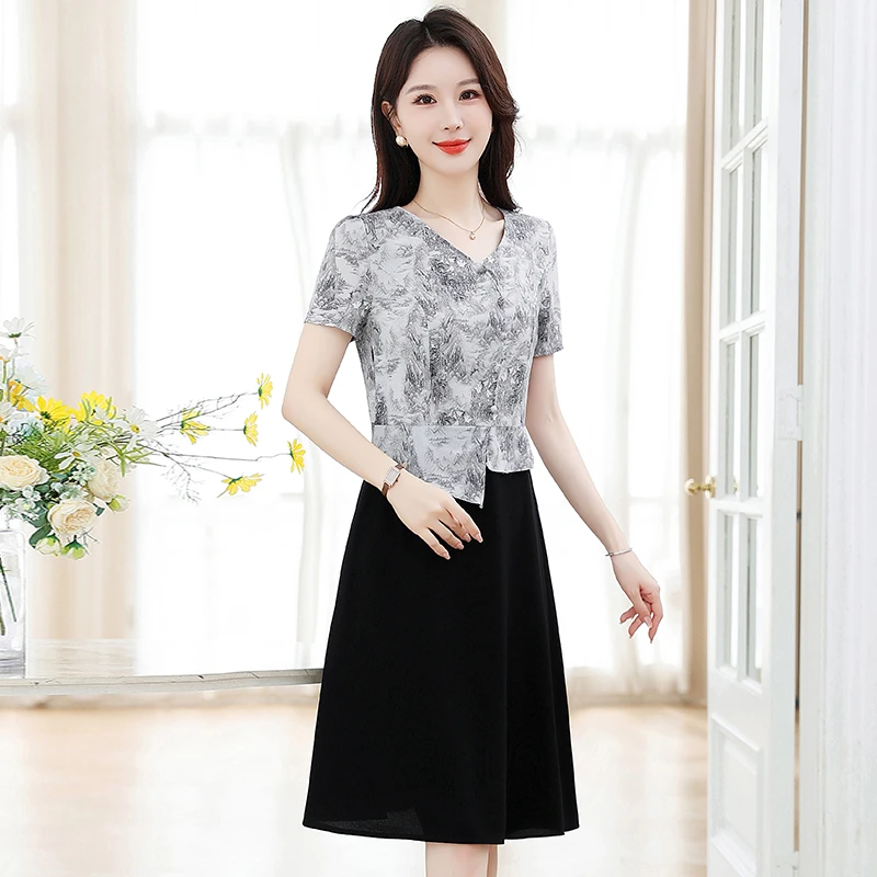 洋气中老年女装宽松显瘦假两件女装国风宽松中长连衣裙夏季2025年
