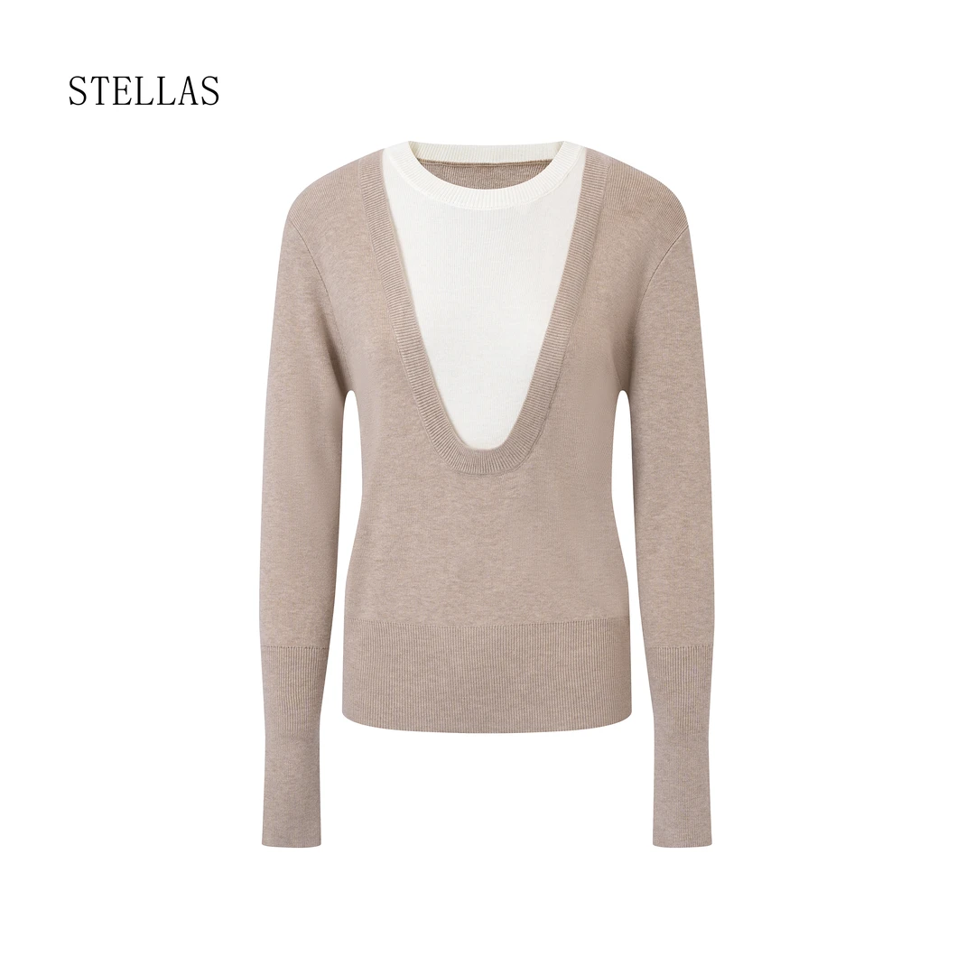 STELLAS  【假两件设计】绵羊毛 抗起球纱线大U领撞色拼接针织衫