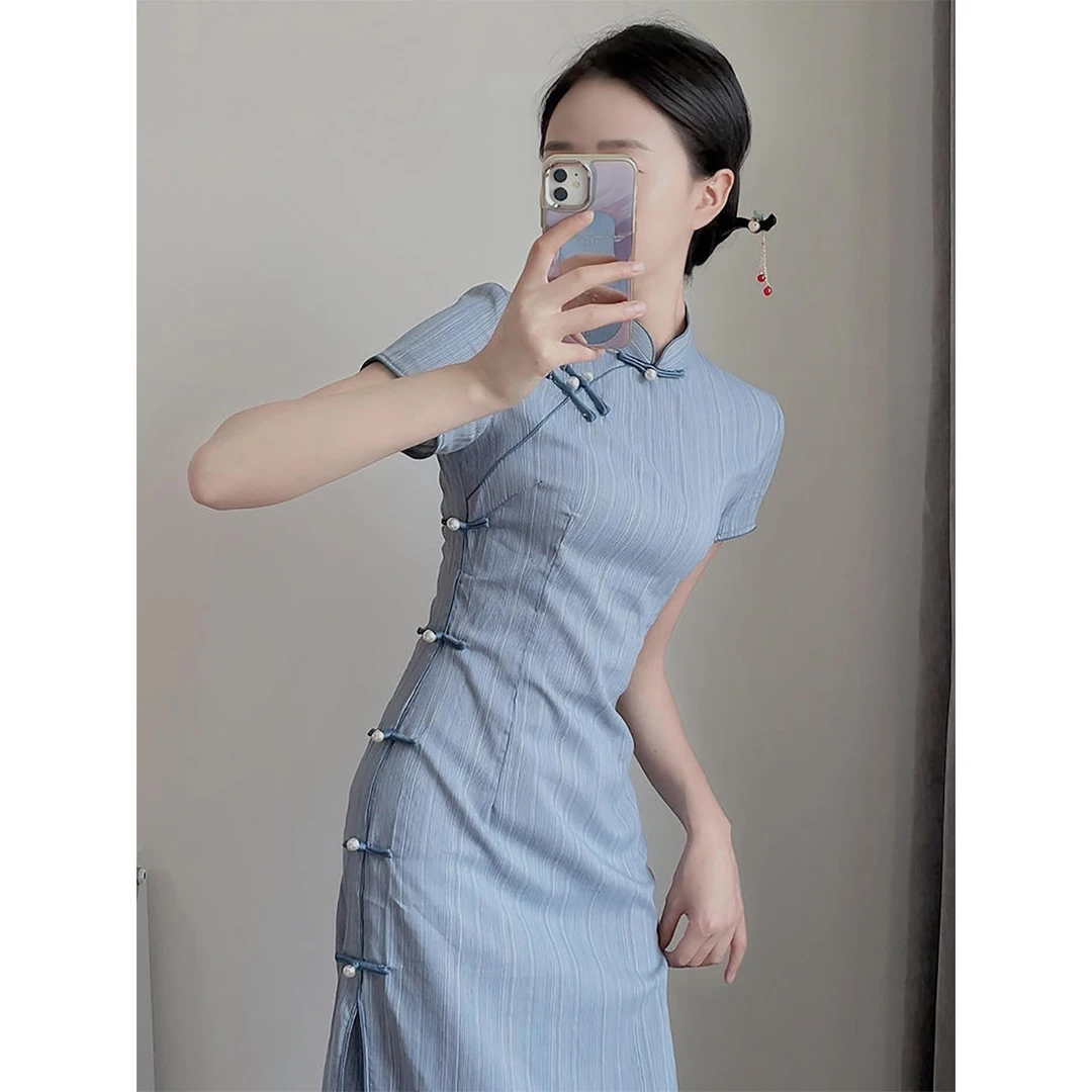 范哲萨气质旗袍蓝色民国风2025新款改良夏季年轻款日常可穿素雅新