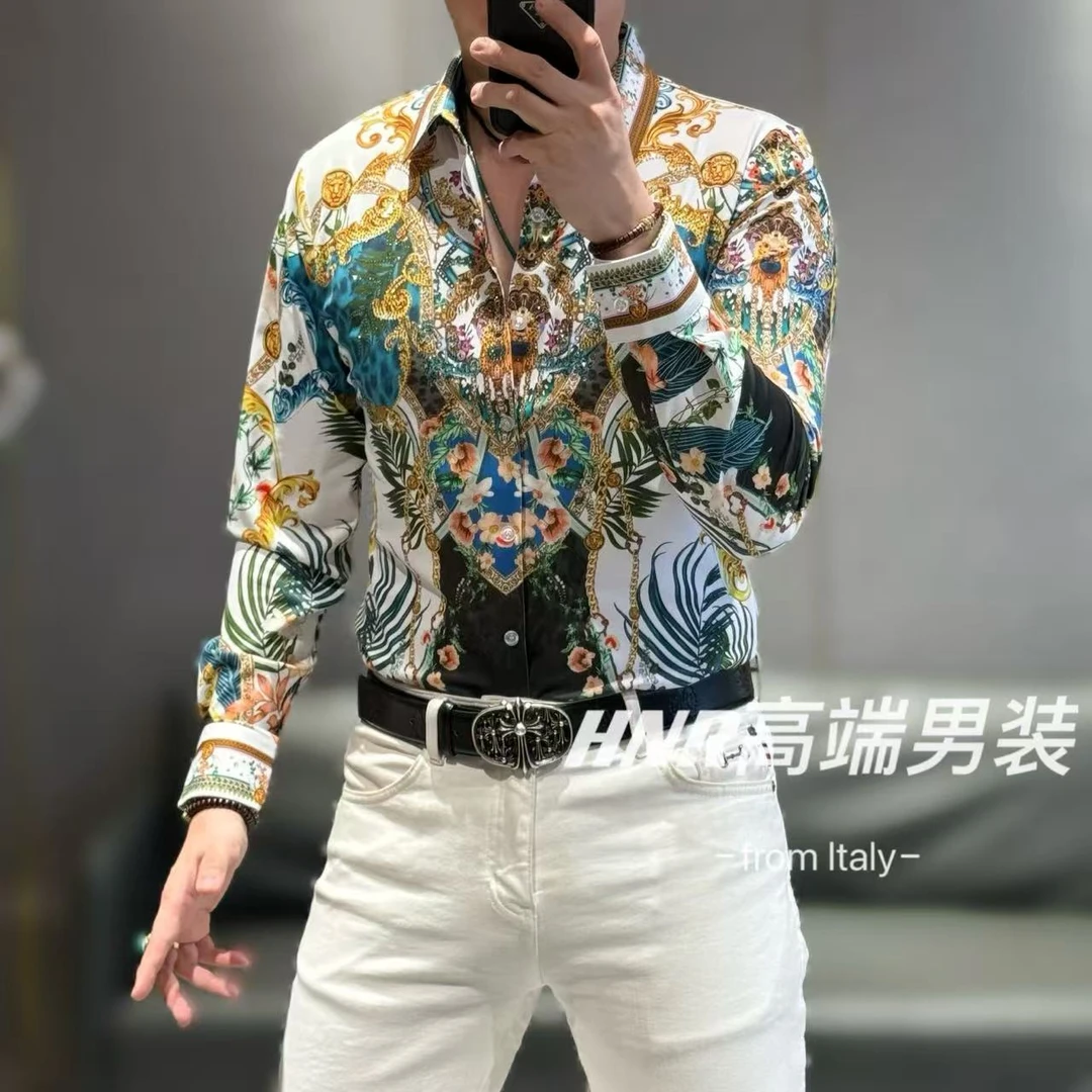 巴洛克花鸟画风格高端男士弹力莱卡面料奥钻点缀长袖衬衫2538