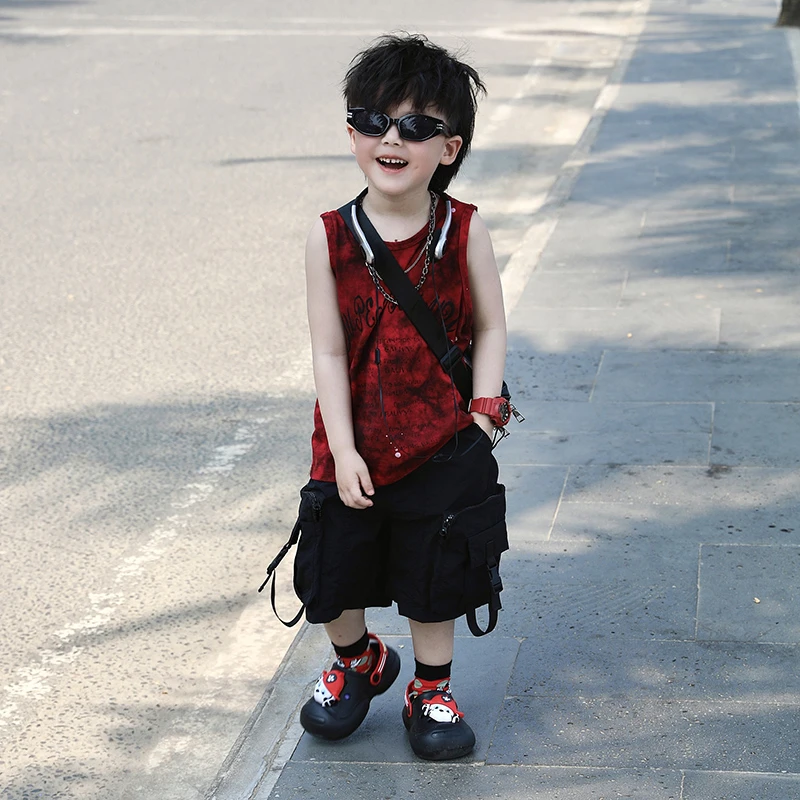 Jimmy妈童品 心动旋律 夏季新款复古红色扎染印花背心无袖上衣T恤