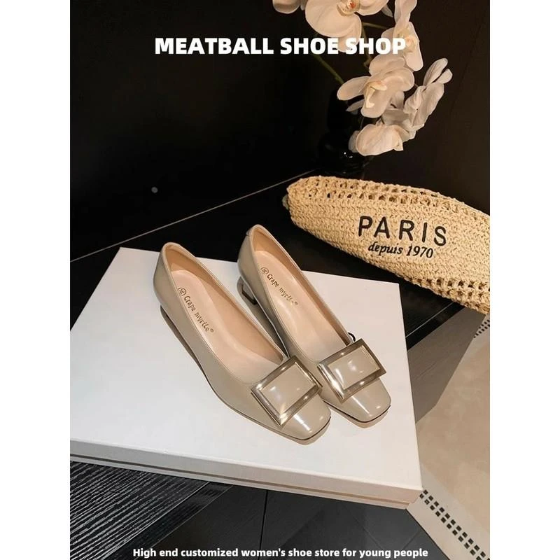 【澳门专柜正品】真皮版高跟鞋女方扣漆皮浅口单鞋春季法式晚风粗跟