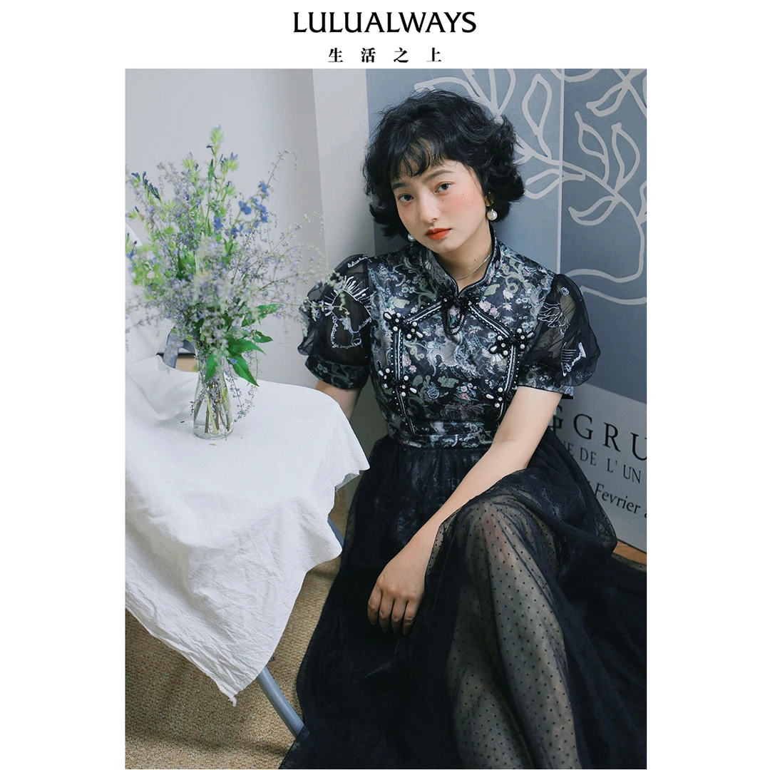 【小呆鸟专属】LULUALWAYS24秋季新款浪漫网纱拼接长款连衣裙
