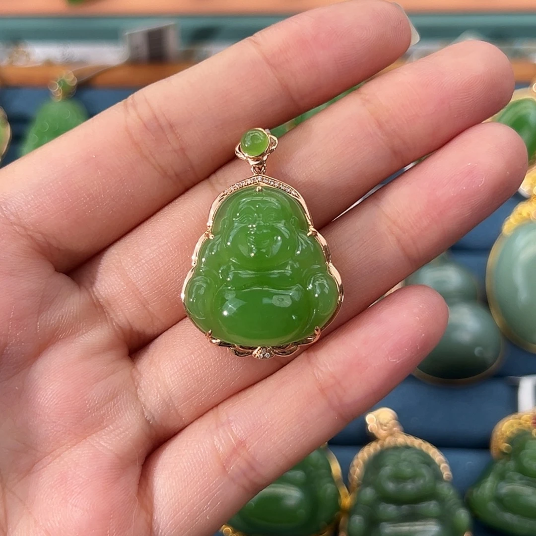 和田玉（碧玉）18K金镶嵌吊坠(不含链)苹果绿佛公22mm