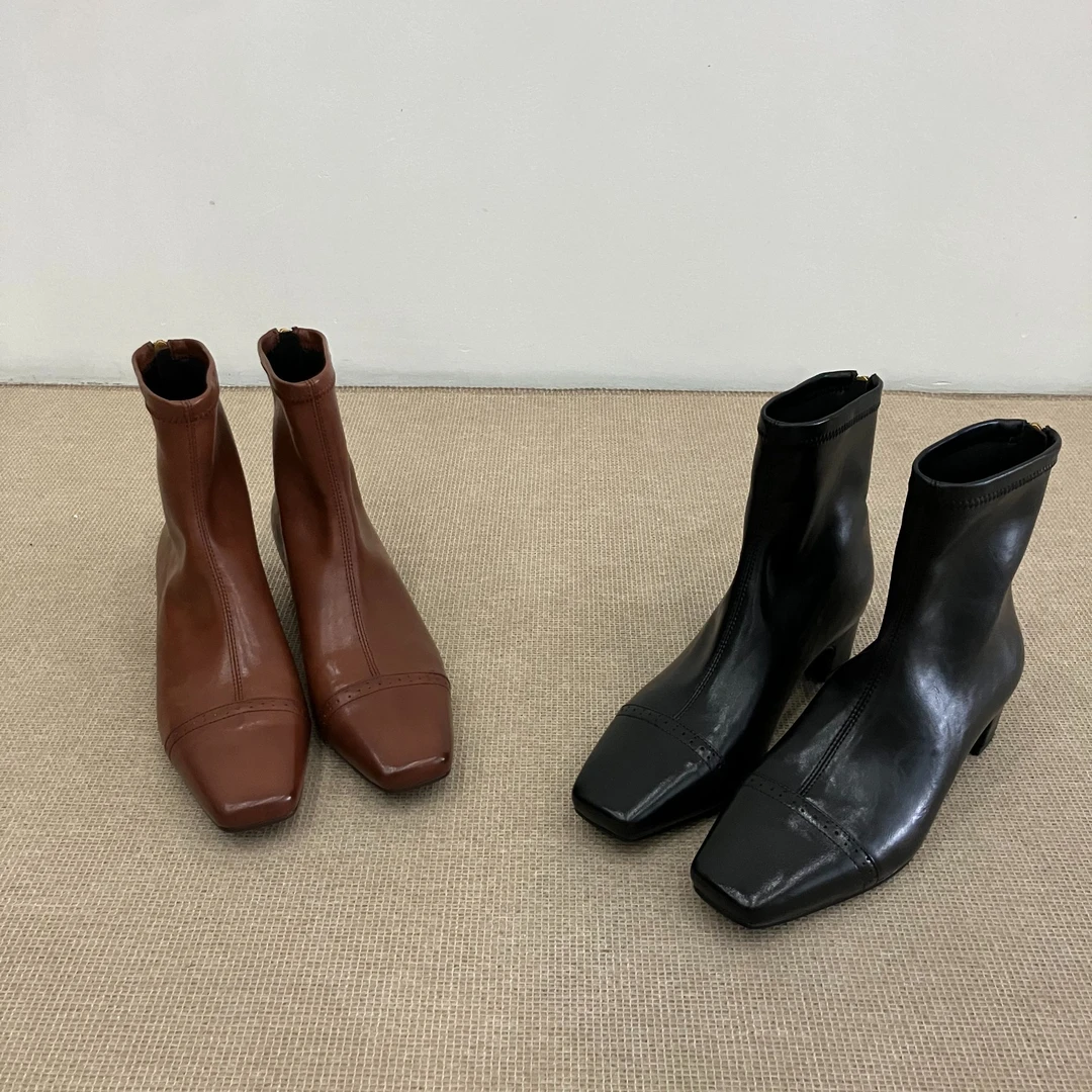 韩版优雅粗跟小方头后拉链瘦瘦靴女气质弹力短筒时尚短靴高跟百搭