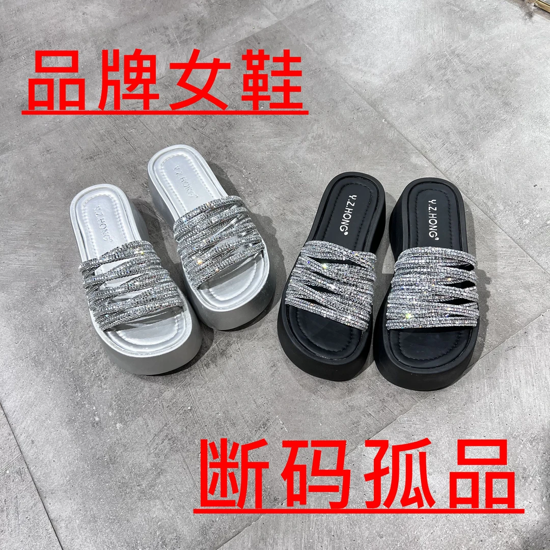 A01-A100（孤品）夏季水钻低帮凉鞋女一字带外穿坡跟百搭女鞋