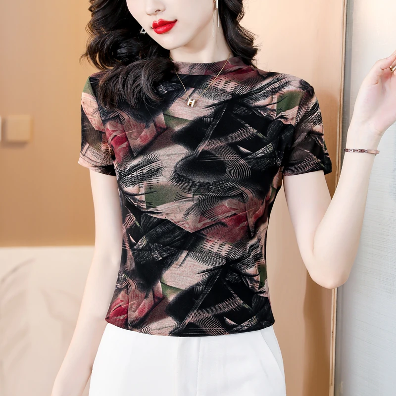 半高领网纱印花短袖T恤女夏季新款修身显瘦网眼弹力洋气减龄上衣