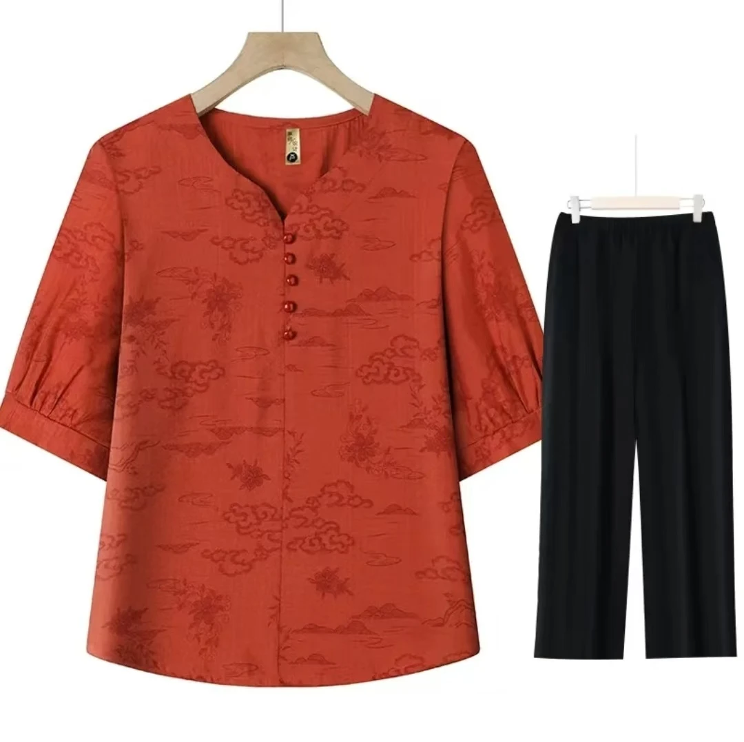 洋气妈妈夏装两件套民族风中老年女装大码中式衬衫T恤衫+裤子套装