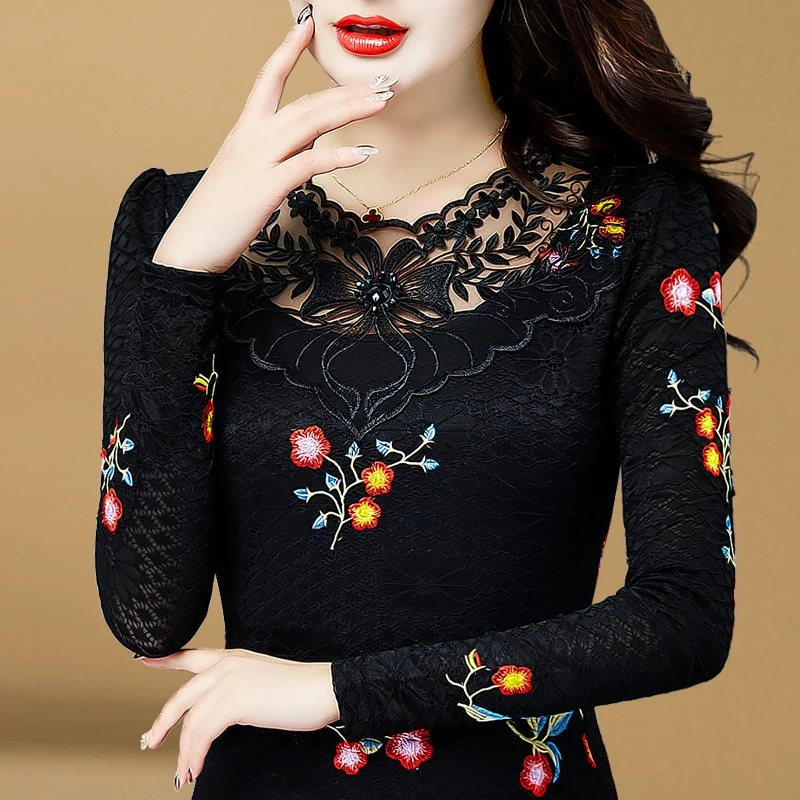 7563加厚加绒蕾丝打底衫女