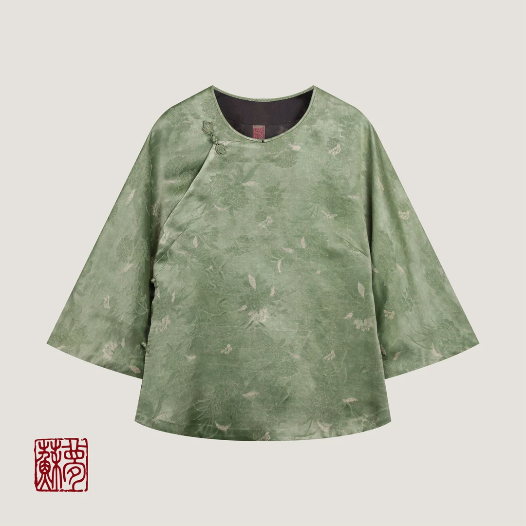 蘇夢【青筠】荷茎绿圆领斜襟实穿百搭上衣01031595