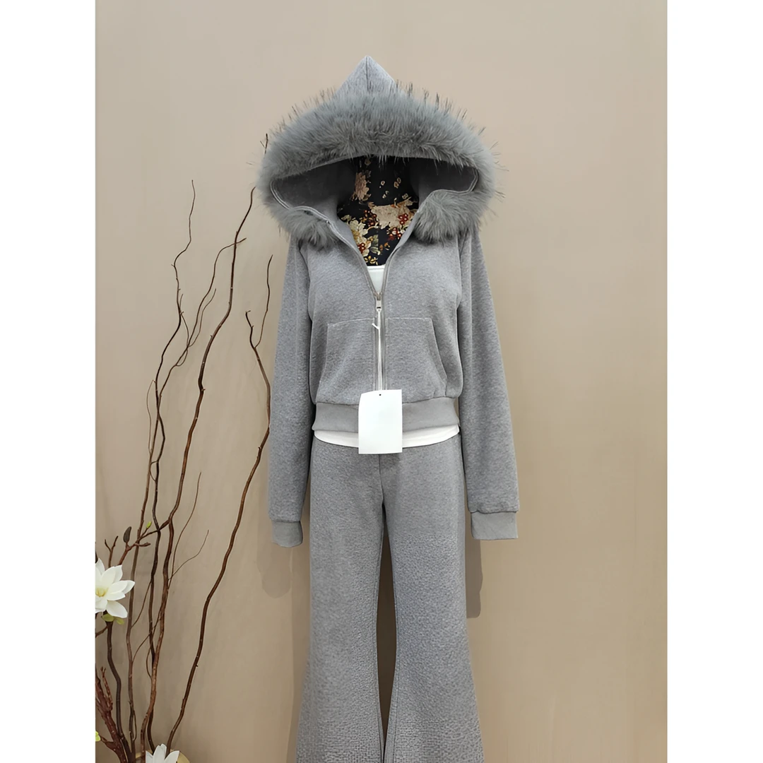 米雪严选一韩系修身显瘦运动休闲可拆卸毛领外套松紧腰微辣裤套装