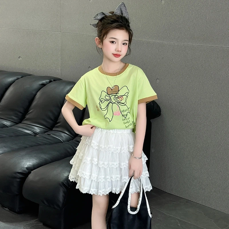 女童短袖蛋糕裙套装夏款2025新款女孩洋气大童夏季蕾丝短裙两件套