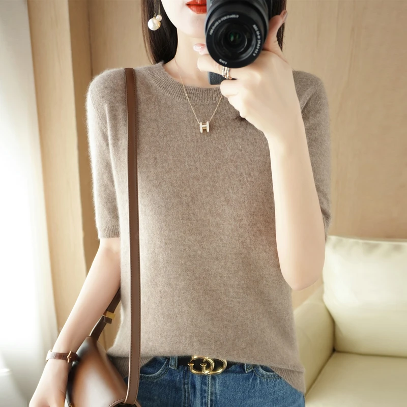 女士圆领宽松T恤衫68支超细精纺澳毛安迪绒针织女百搭显瘦简约