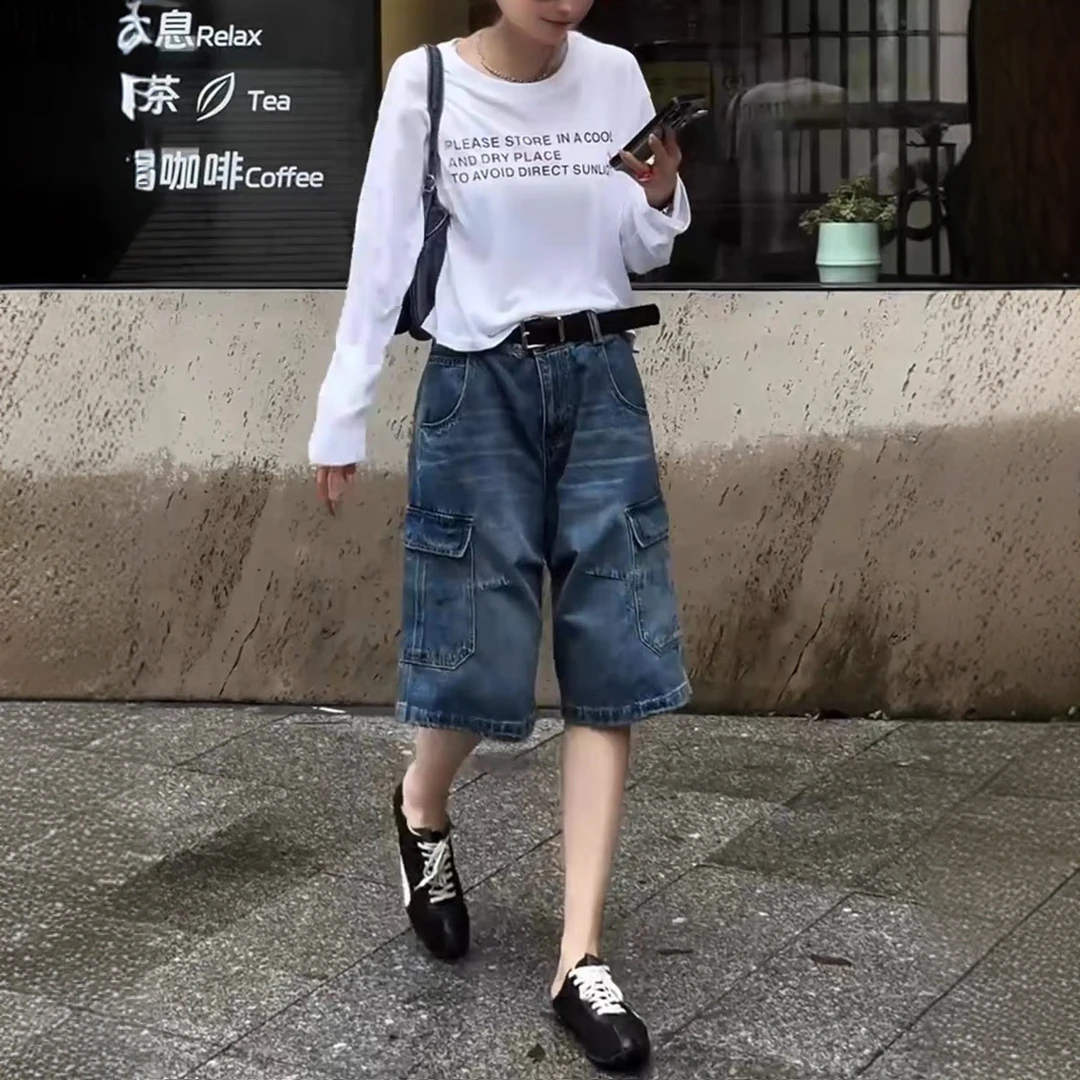 美式设计感工装阔腿牛仔裤女2025夏季薄款高腰宽松显瘦六分中裤子