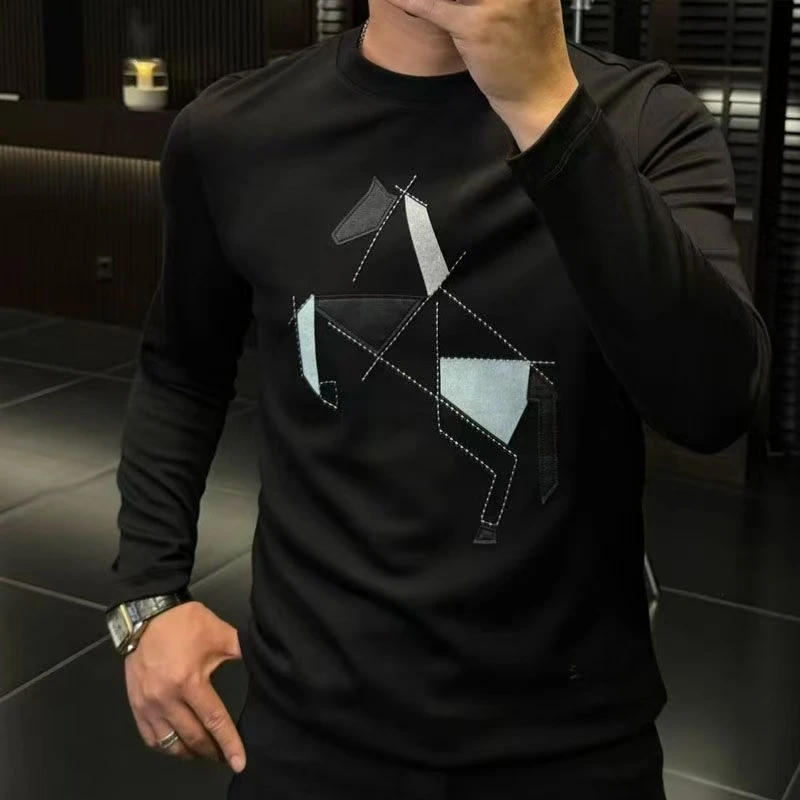 秋冬高品质圆领男士长袖T恤修身潮流气质上衣时尚发泡刺绣打底衫