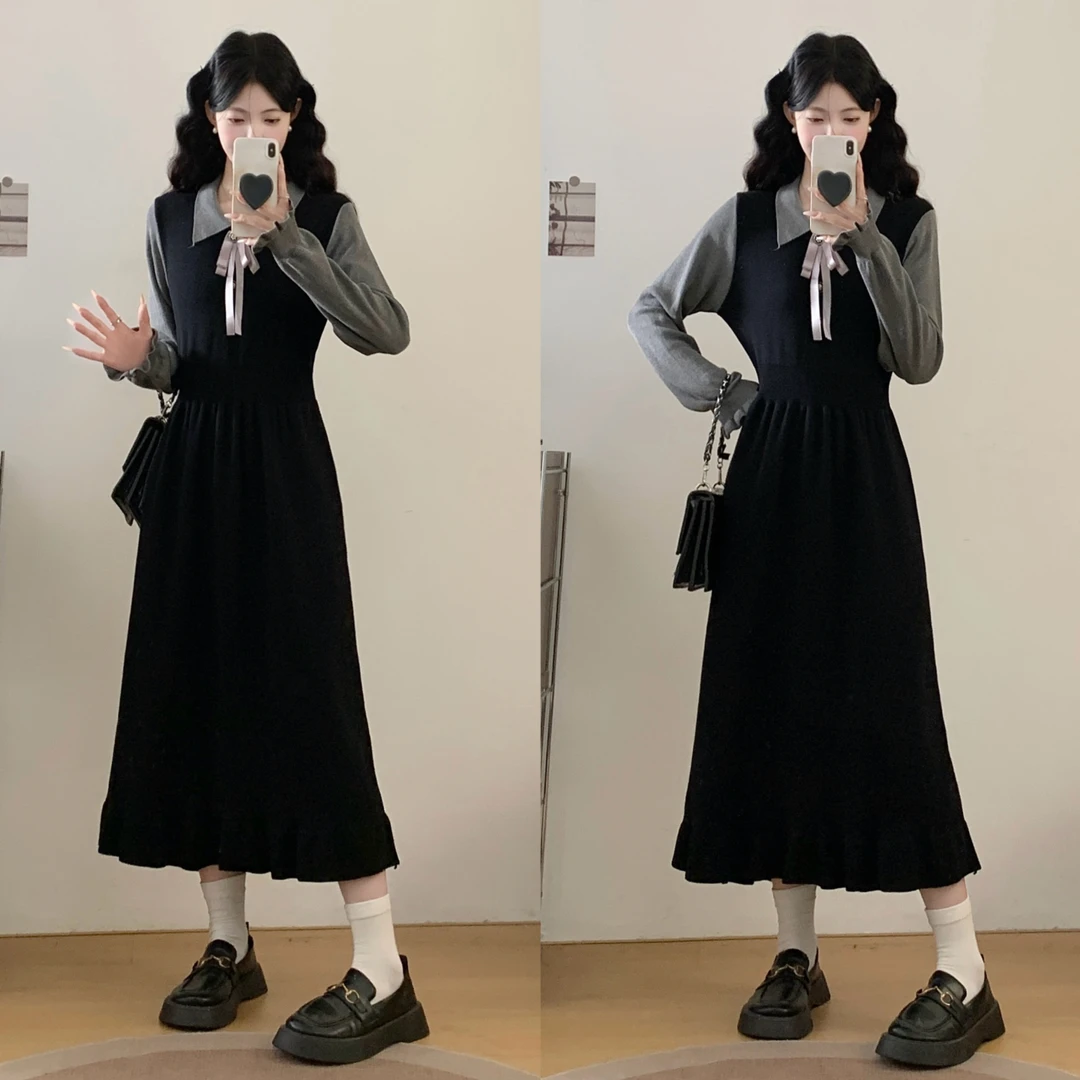 MO88ZSPF大码女装2025秋冬假两件长袖针织连衣裙女气质黑色长裙