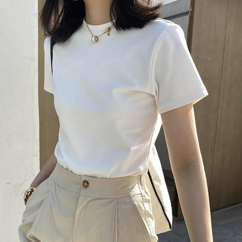 基础款白色正肩短袖恤女2025年新款韩版小高领修身显瘦95棉上衣潮