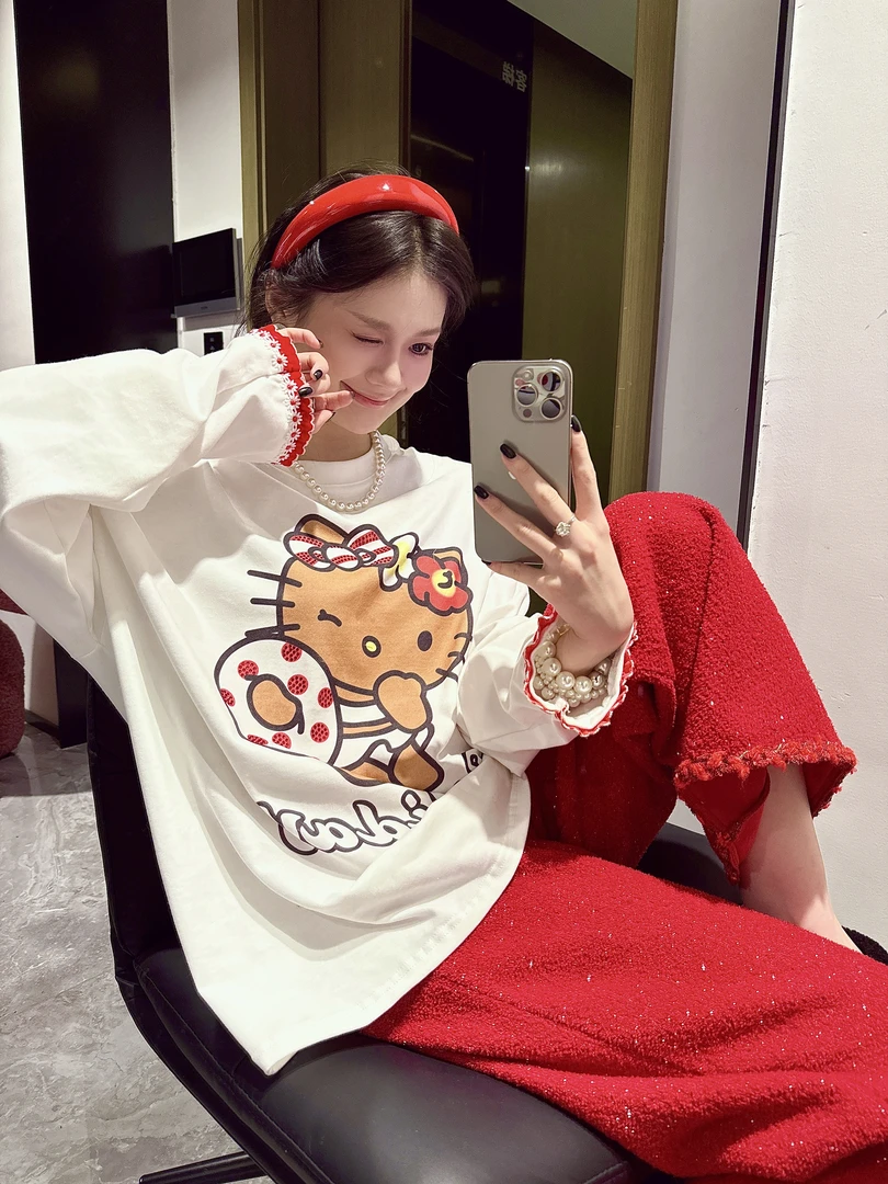 小雏菊/2025新款春夏超重工款木耳边烫钻小雏菊手袖撞色拼接长袖T