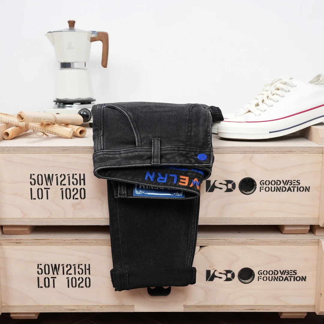 秋季新款男装黑灰色牛仔裤修身小直筒斜口袋男裤舒适百搭九分裤男