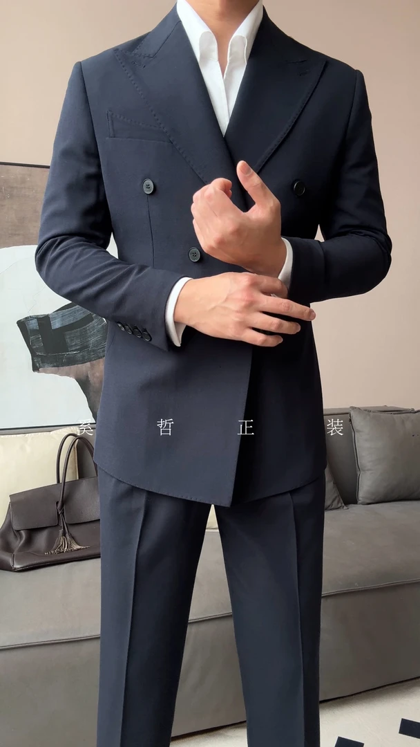 春夏新款多色休闲绅士新郎那不勒斯戗驳领双排扣西服套装935