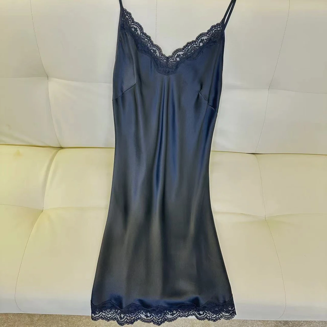 【日月禾】连衣裙睡裙100%桑蚕丝吊带杯垫蕾丝女士A9031-2