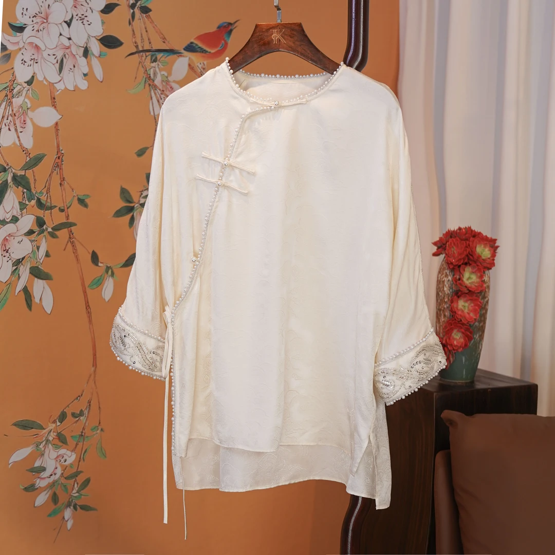 国潮新中式重磅桑蚕丝花萝真丝提花重工钉珠长袖百搭衬衫6511775