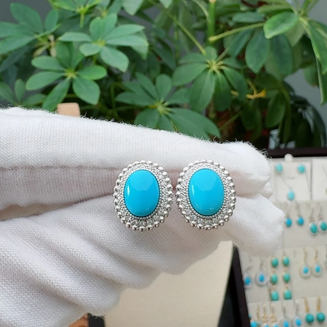 绿松石银S925镶嵌耳饰耳钉