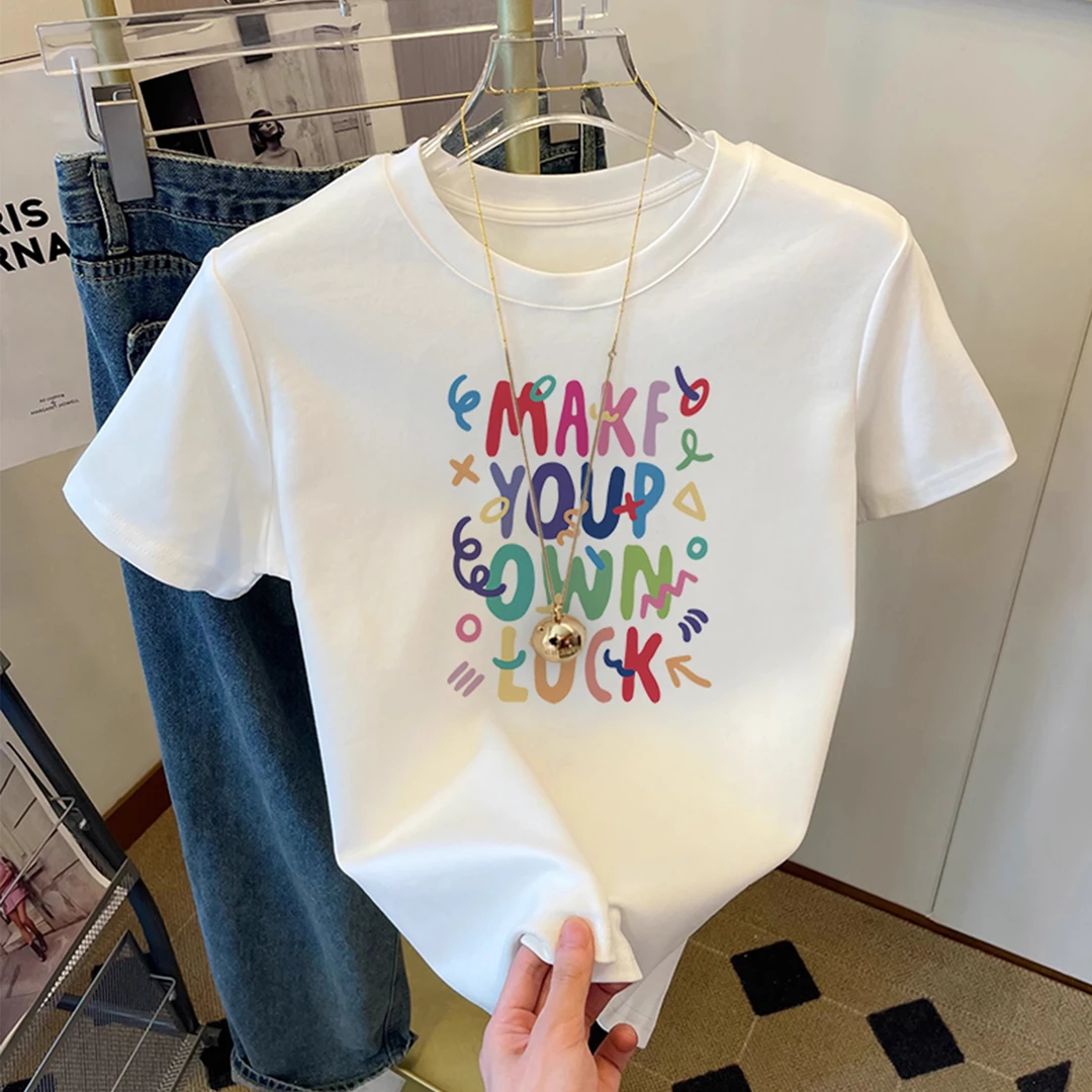欧货白色彩色字母印花短袖t恤女夏季款宽松休闲上衣