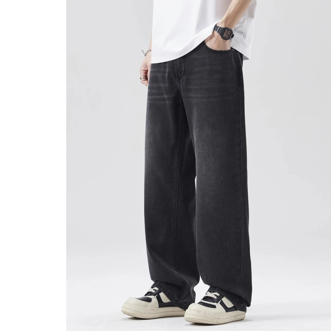 Cebrodz黑色牛仔裤男直筒春季新款复古垂感宽松休闲百搭阔腿长裤