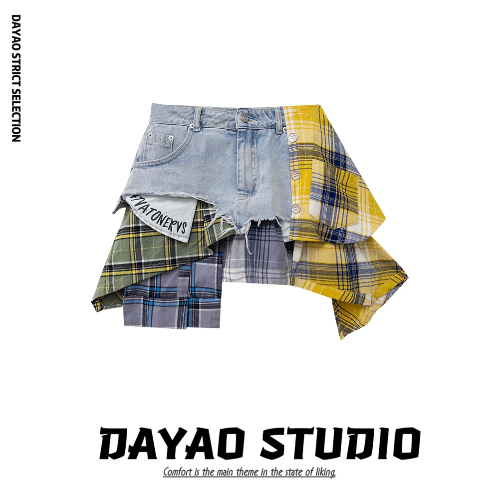 【no退no换】【格子计划】毛边牛仔拼接格子不规则裙裤 有安全裤10109