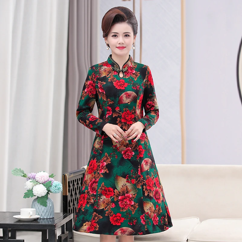 旗袍连衣裙中国风春秋常规高腰修身立领长袖显瘦复古旗袍裙时尚