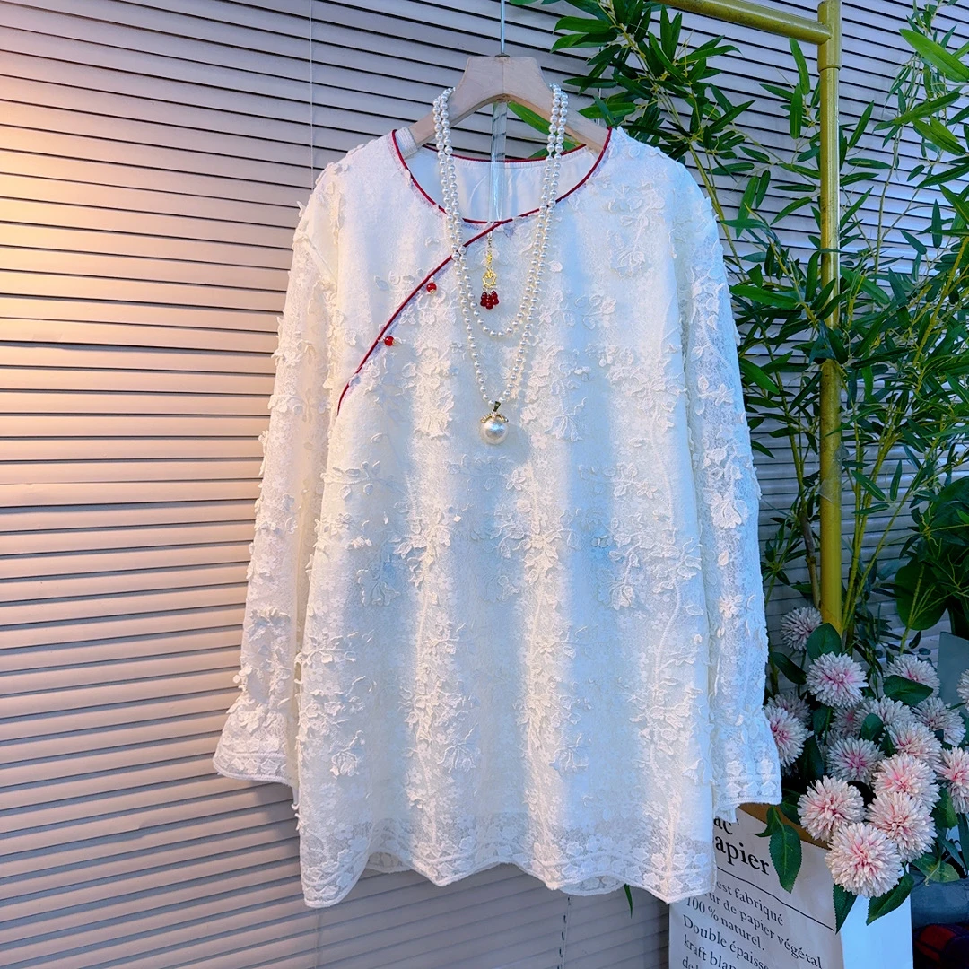 0152胖mm新中式重工刺绣蕾丝长袖设计感减龄显瘦百搭上衣