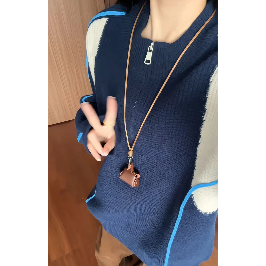 美式撞色半拉链毛衣男女秋季潮牌慵懒风保暖针织衫情侣套头外套