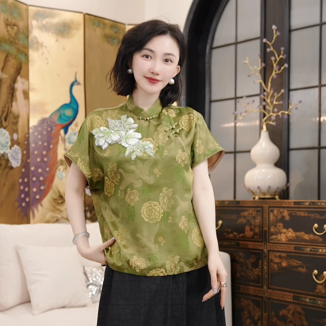 Betty Bairn【雁鹊山茶 · 香云纱】老料桑蚕丝刺绣上衣25B-BW9577