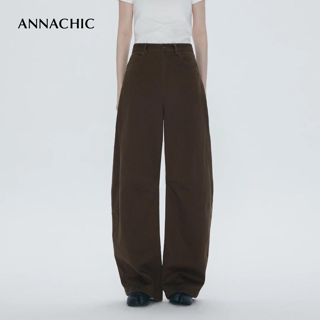 ANNACHIC新色！时髦松弛感_宽松弯刀阔腿牛仔裤女 高腰镰刀香蕉裤