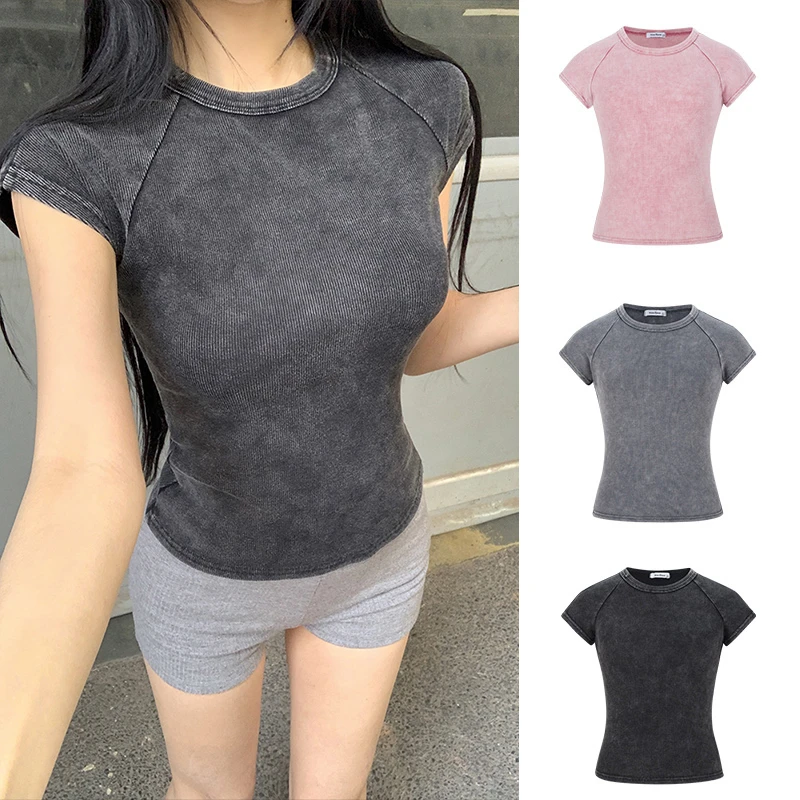 Moses Queen/魔西女王圆领做旧短袖T恤女修身显瘦辣妹打底衫上衣