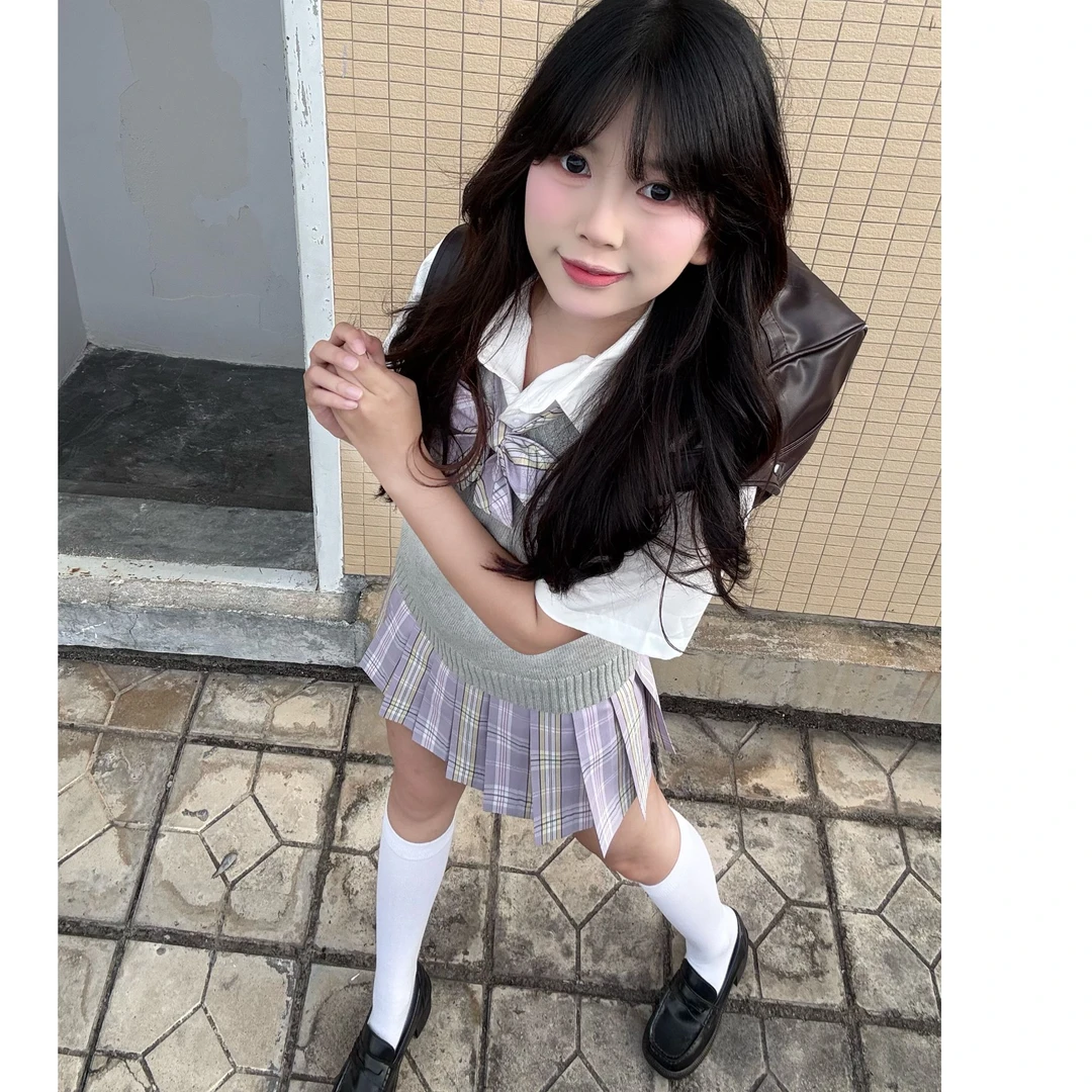 奈绪【丁香花】原创JK制服浅紫色高腰学生格裙百褶裙