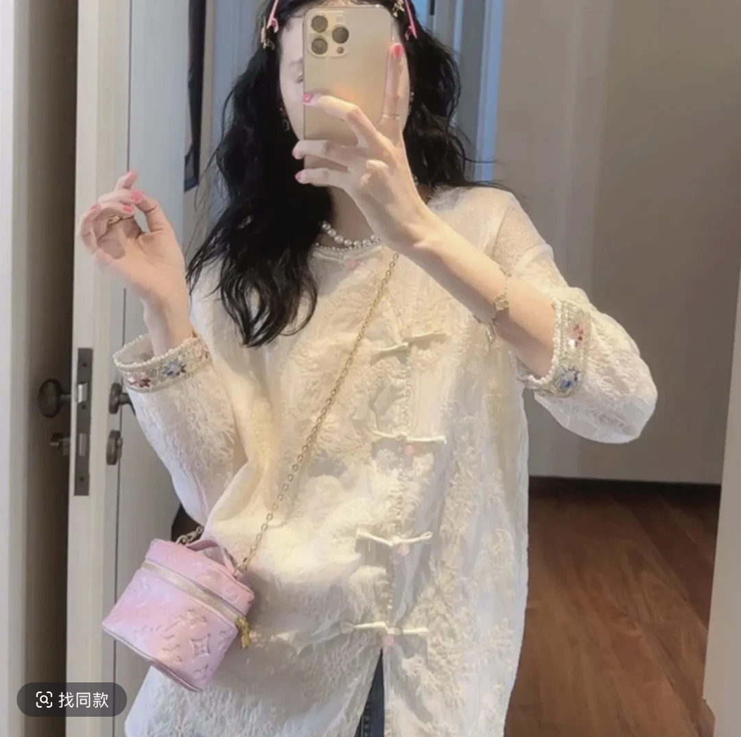 复古大码国风衬衫女2025春新款重工刺绣高级盘扣开叉显瘦百搭时尚