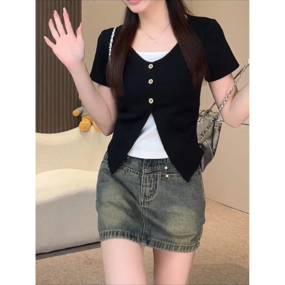 韩系撞色假两件正肩短袖t恤女夏季纯欲风修身显瘦不规则短款上衣