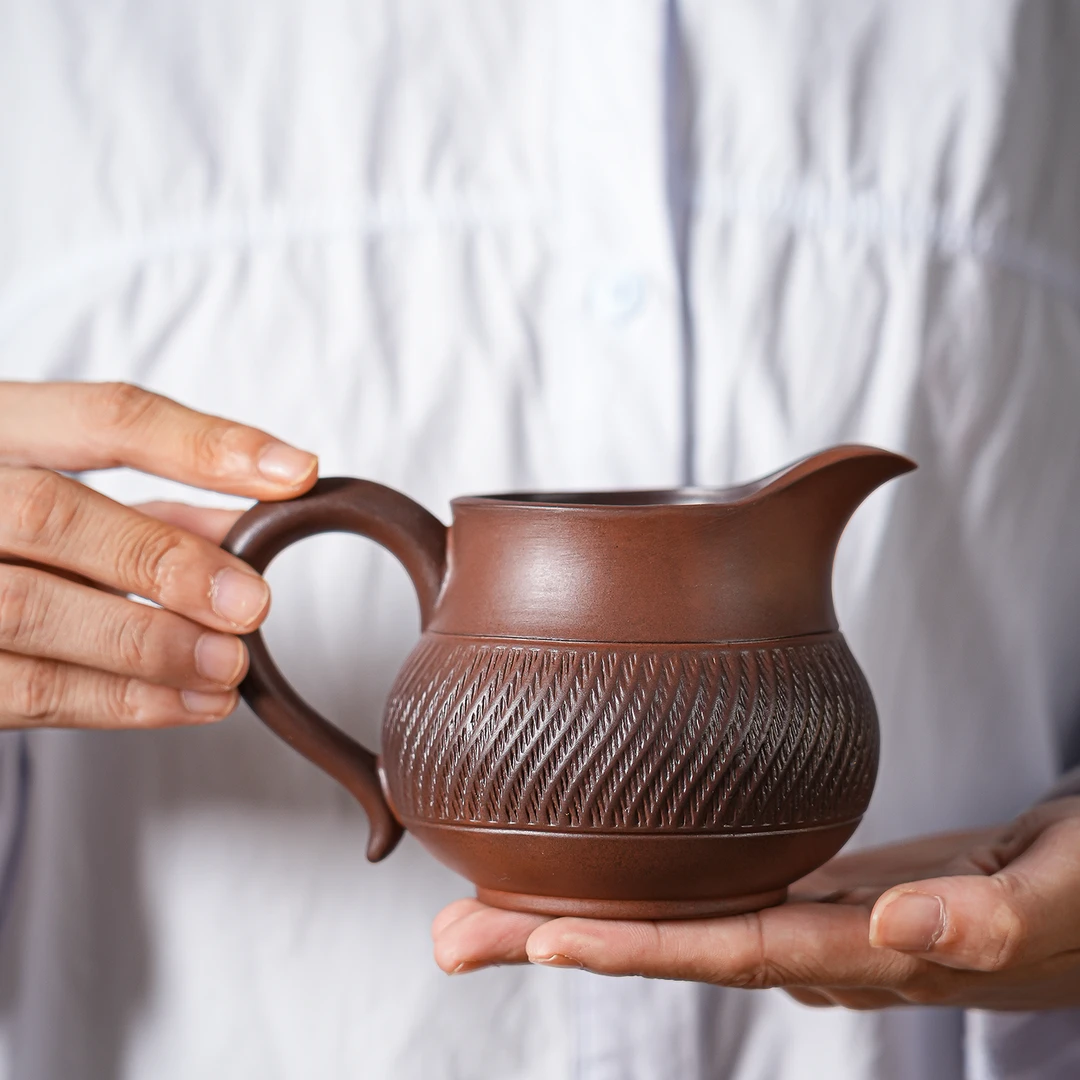紫陶公道杯大容量纯手工跳刀纹茶海高档分茶器家用三件套全瓷过滤