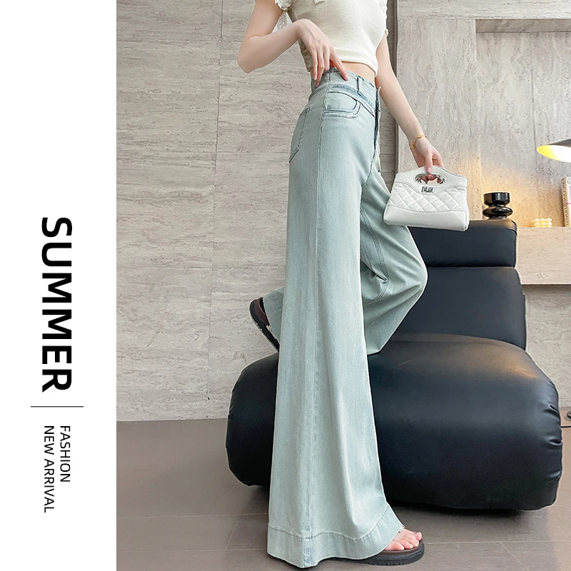 浅蓝阔腿牛仔裤女2025夏薄双扣小个子松弛感宽松不贴腿大喇叭裙裤